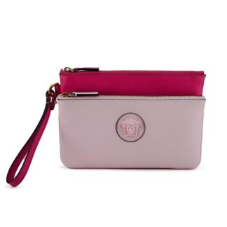 Versace Pink Calf Leather Pouch Clutch Bag with Medusa Logo Hardware