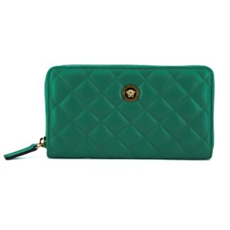 Versace Green Quilted Nappa Leather Long Zip Around Wallet with Medusa Logo