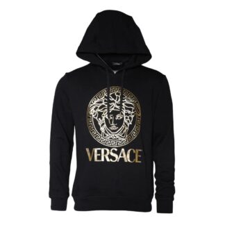 Versace Black Cotton Pullover Sweatshirt with Hoodie and Logo Details