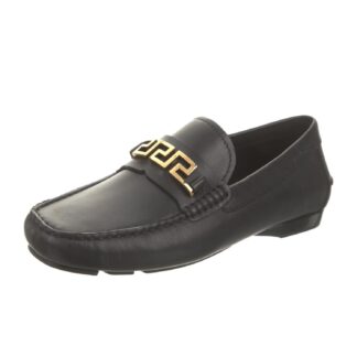 Versace Men’s Black Leather Loafers with Gold Logo Hardware