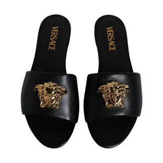 VERSACE Black Leather Logo Plaque Slip-On Sandals with Gold Detailing