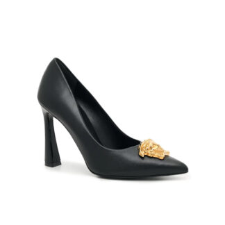 VERSACE Black Leather Logo Plaque High Heel Pumps