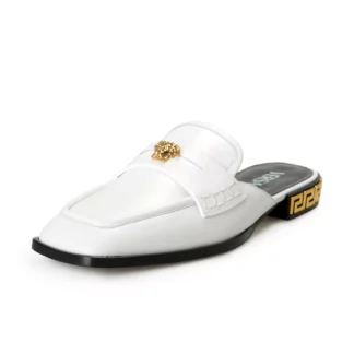 Versace Women's White Leather Slides with Gold Medusa Detail