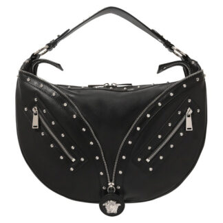 Versace Black Calf Leather Small Hobo Shoulder Bag