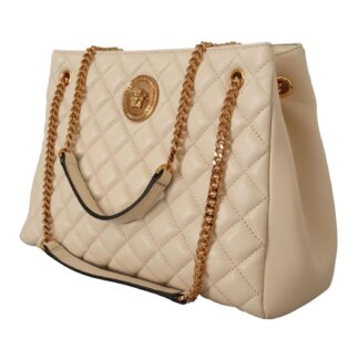 Versace White Quilted Nappa Leather Tote Handbag with Medusa Logo