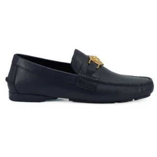 Versace Navy Blue Calf Leather Loafers with Gold Medusa Hardware