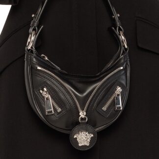 Versace Black Calf Leather Mini Hobo Shoulder Bag with Medusa Logo