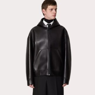 Valentino Lambskin Hooded Jacket with Zipper Closure and Monochrome Design