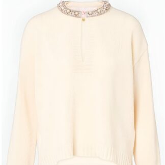 Valentino Jewel Neck Sweater with Pearl Embellishments and Flower Button