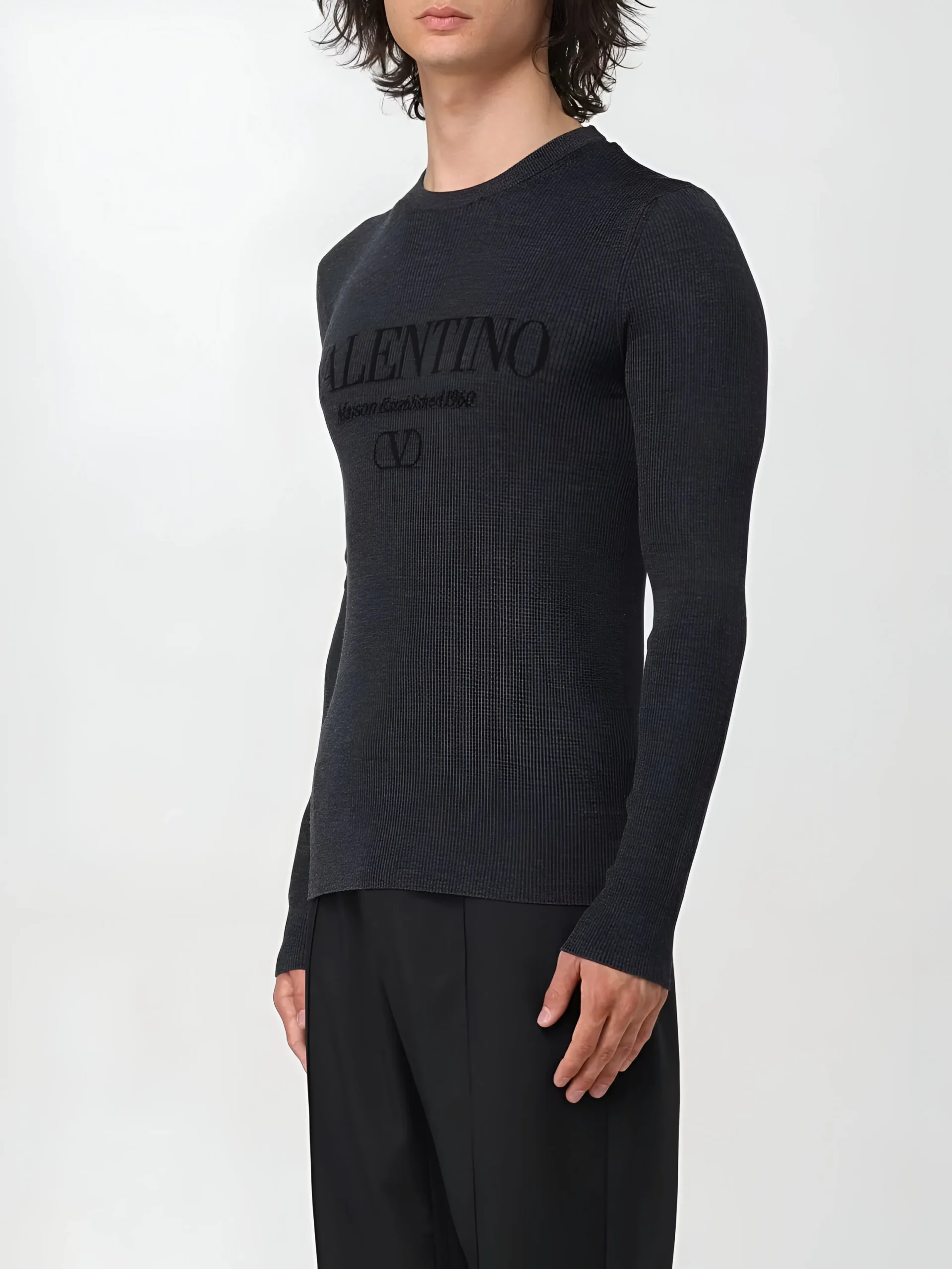 Valentino Virgin Wool Sweater with Monogram and Ribbed Crew Neck - Image 3