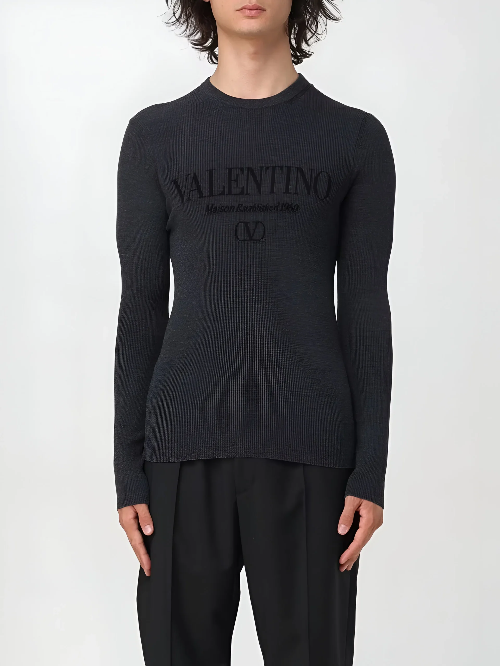 Valentino Virgin Wool Sweater with Monogram and Ribbed Crew Neck - Image 2