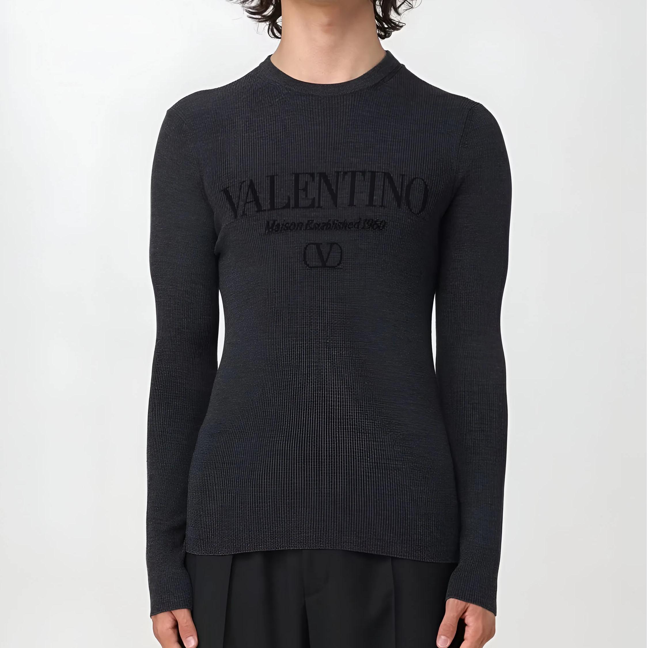Valentino Virgin Wool Sweater with Monogram and Ribbed Crew Neck