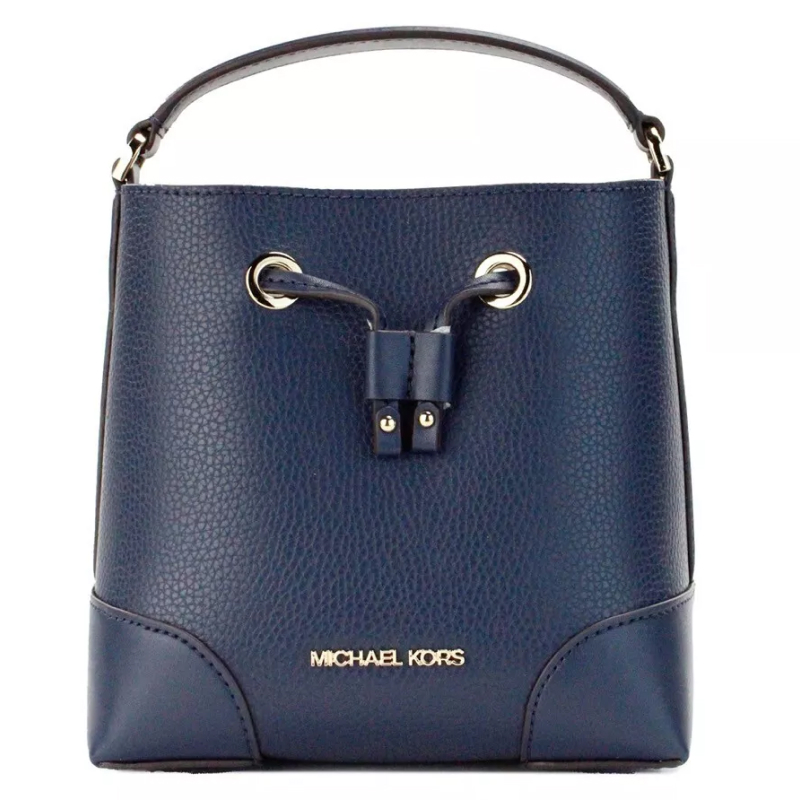 Michael Kors Mercer Small Navy Pebbled Leather Bucket Drawstring Handbag