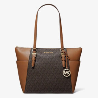 Michael Kors Charlotte Brown Signature Tote Handbag with MK Logo Charm