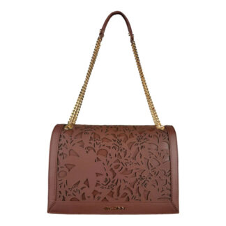 Baldinini Trend Brown Leather Shoulder Bag with Floral Motif and Chain Strap