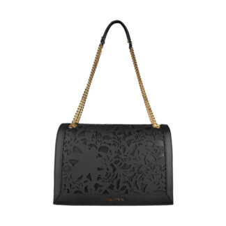 Baldinini Trend Black Leather Shoulder Bag with Floral Detail and Metallic Logo