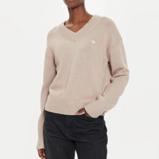 Calvin Klein Jeans Women's Beige Cotton Knitwear V-Neck Long Sleeve Sweater